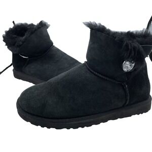 Ugg Mini Bailey Button Bling Women US 9 Boots Black Sheepskin Lined Suede Winter
